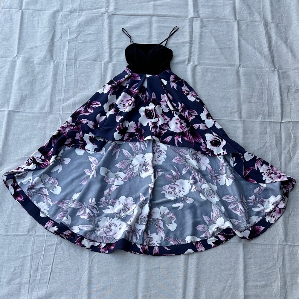 Floral Hi Low Dress Black Velvet Bodice Party Dress Size 1